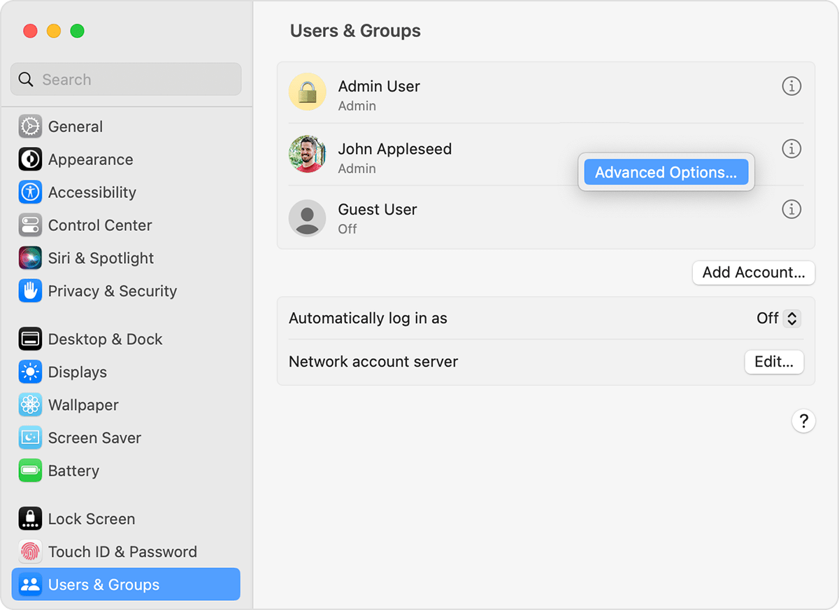 Users & Groups settings are open on a Mac. To activate a guest account, click on Apple menu > System Settings > Users & Groups.