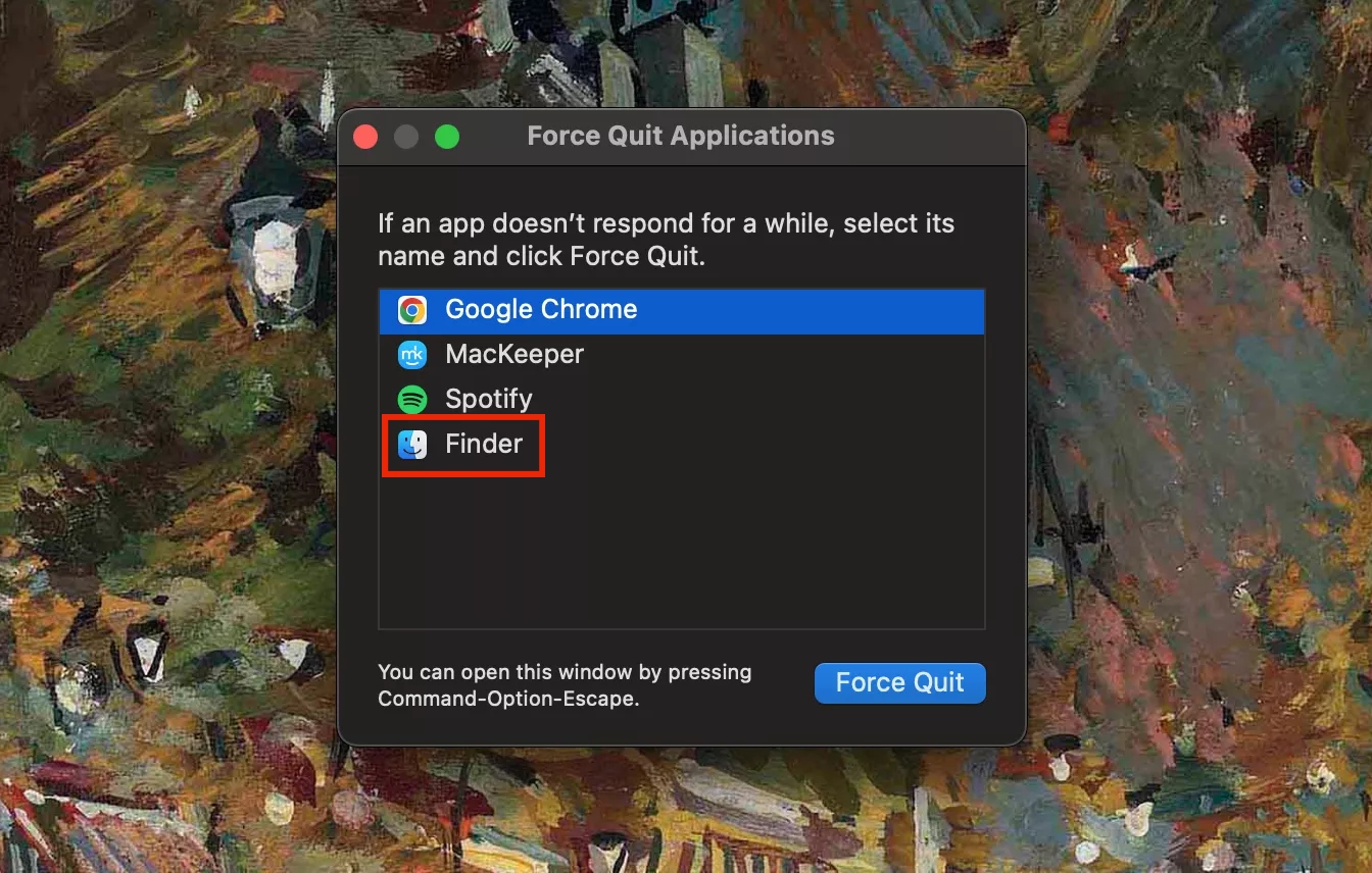 The Force Quit window is opened on a Mac. Select Finder from the list, then click the Relaunch button in the bottom right corner to relaunch Finder.