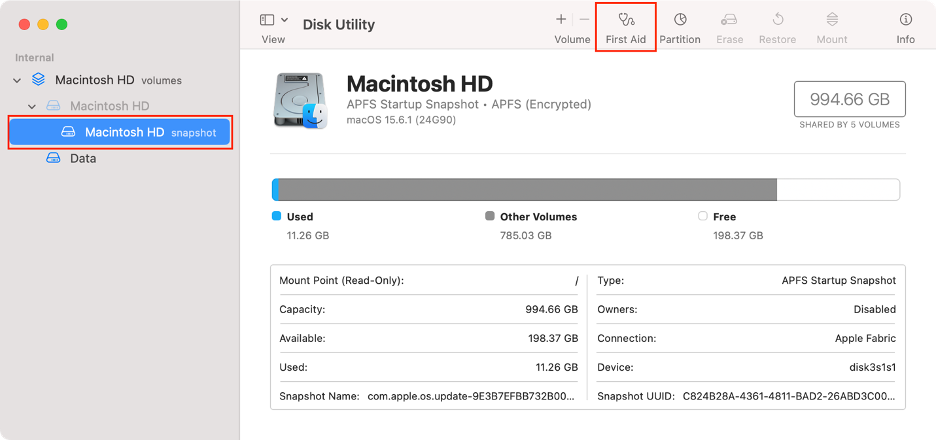 To fix any disk issues on your Mac and restore it to a previous condition, select your startup disk and click the First Aid icon at the top.