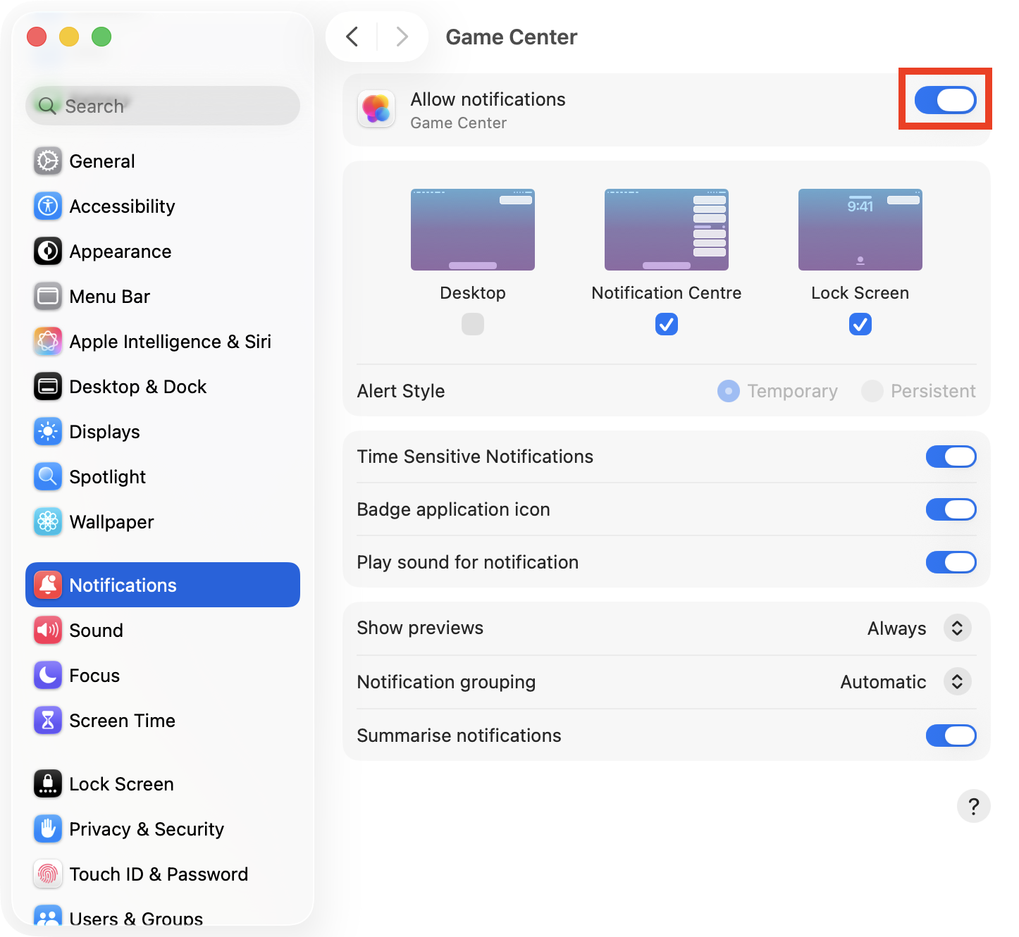 The Notifications options for an app in System Settings on Mac. If you want to know how to silence notifications on Mac, go into Notifications, select an app, then click the toggle to turn notifications off.