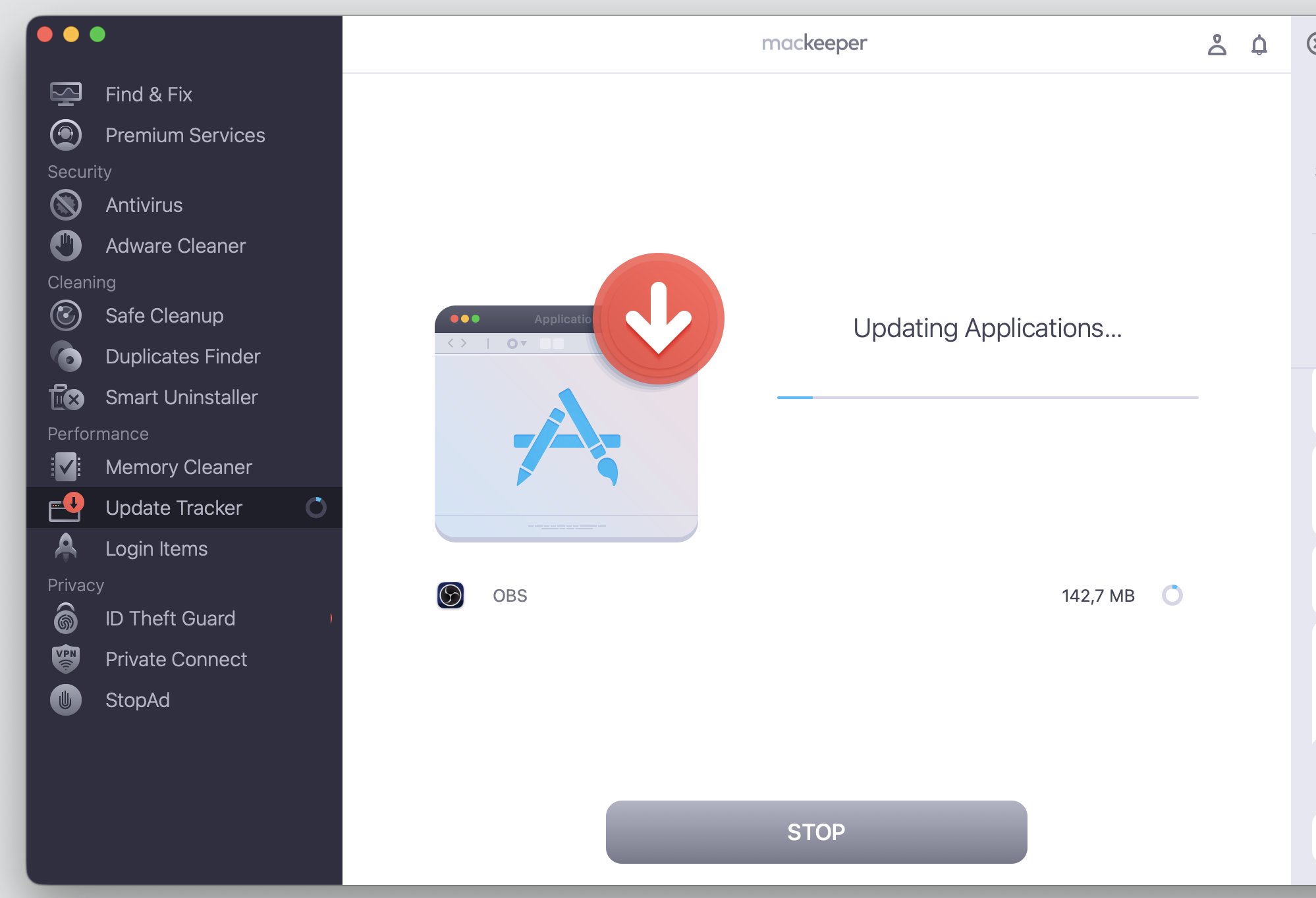 MacKeeper's Update Tracker window on macOS with the Update button highlighted to install the selected app update on an Apple computer.