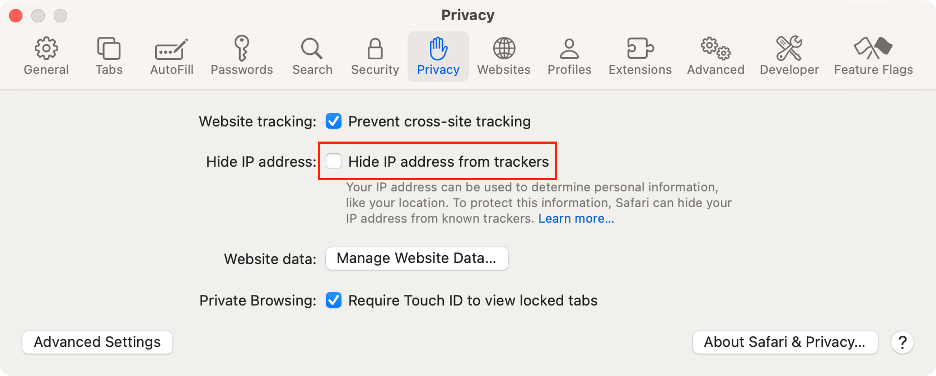 To fix IP encryption issues with iCloud Private Relay on your Mac, select the Privacy tab, then uncheck the Hide IP address from trackers box.