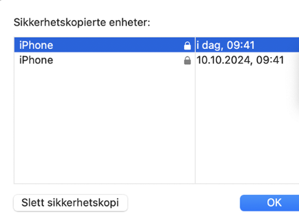 I popup-vinduet, velg den aktuelle iOS-sikkerhetskopien og klikk på knappen Slett sikkerhetskopi