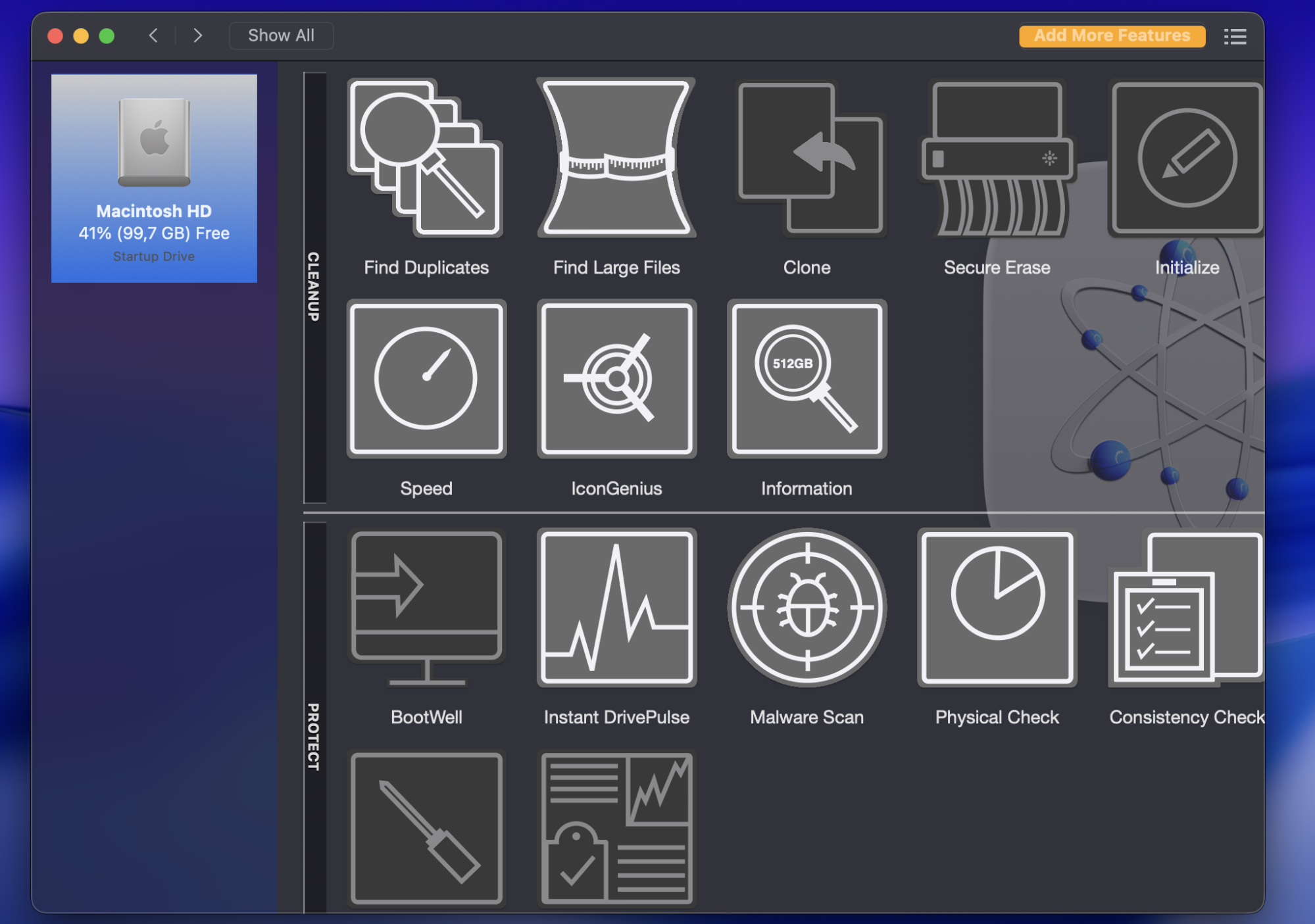 Drive Genius feature grid on an iMac, showing Speed, Clone, and DrivePulse tools you click to run diagnostics and hardware testing on a Mac.