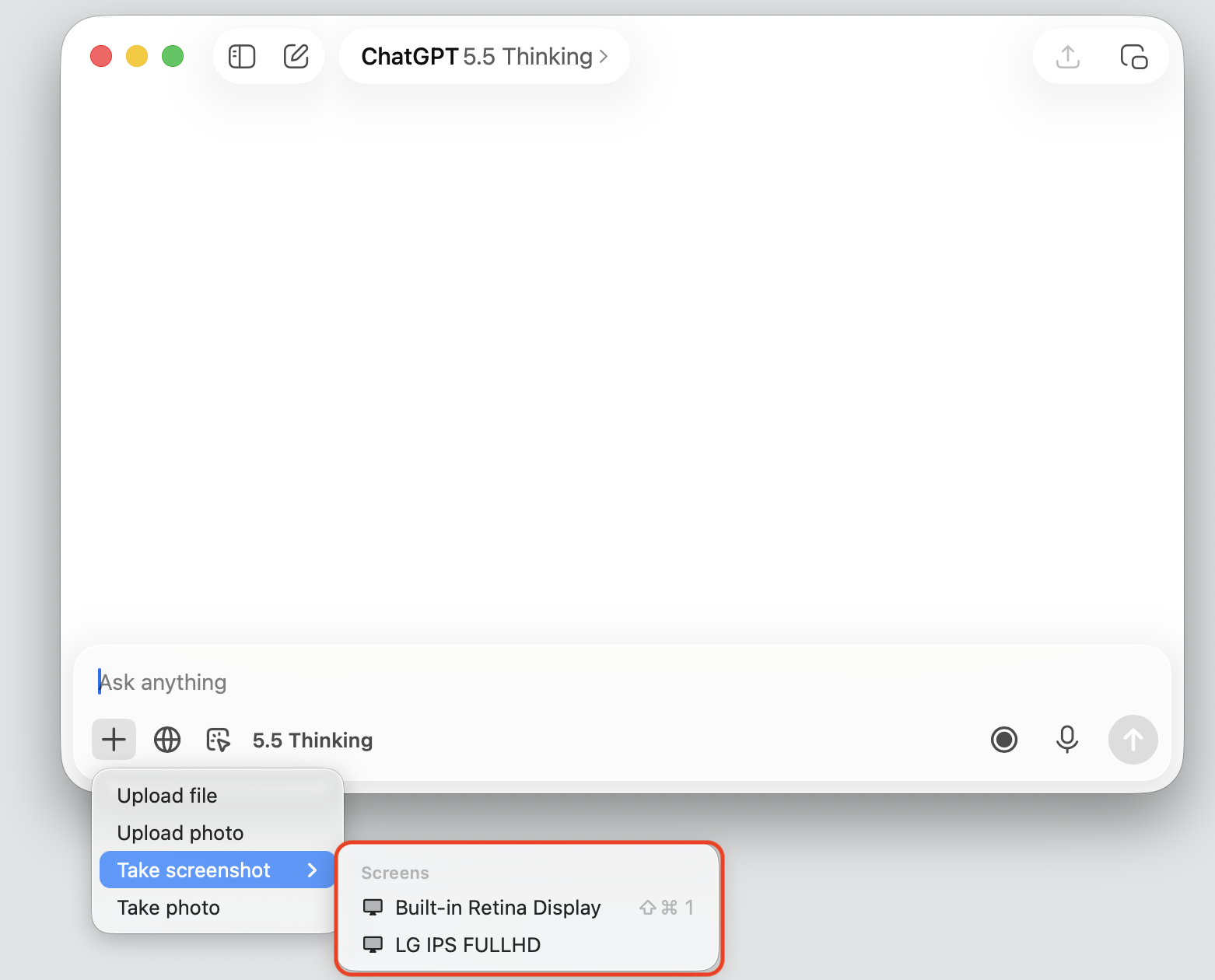 ChatGPT macOS app Take Screenshot menu on a MacBook listing displays, Built-in Retina Display, and LG IPS FULLHD, for a full grab.