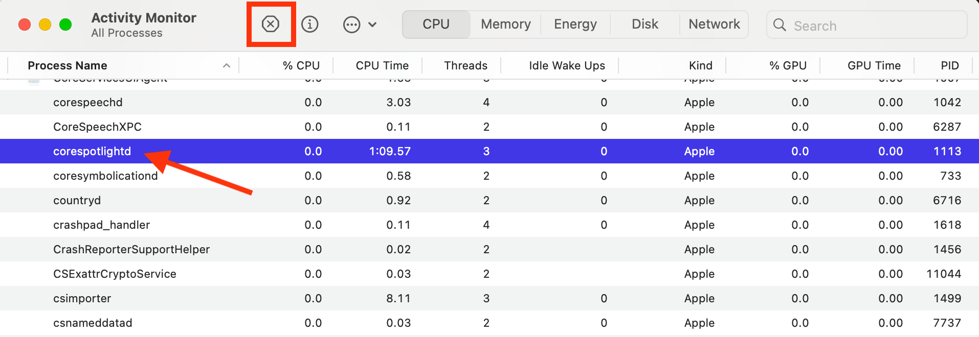 The corespotlightd process selected in Activity Monitor on Mac. Once selected, you can click the X button in the Activity Monitor toolbar to close quit the corespotlightd process.