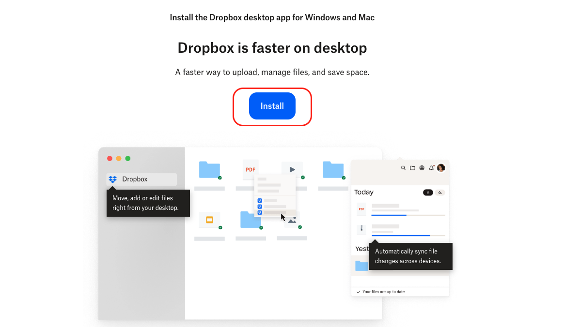 The official Dropbox website on a Mac with the Install button highlighted to download and reinstall the latest desktop version.