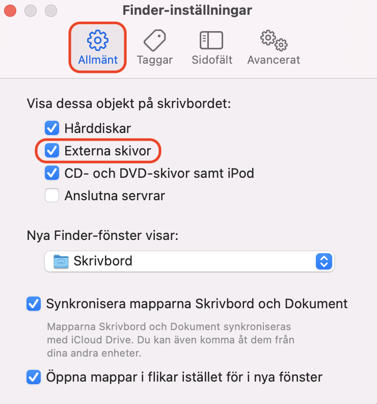 Fönstret Finder-inställningar är öppet på en Mac. Välj Allmänt och aktivera inställningen Externa skivor för att hitta en extern hårddisk på en Mac.