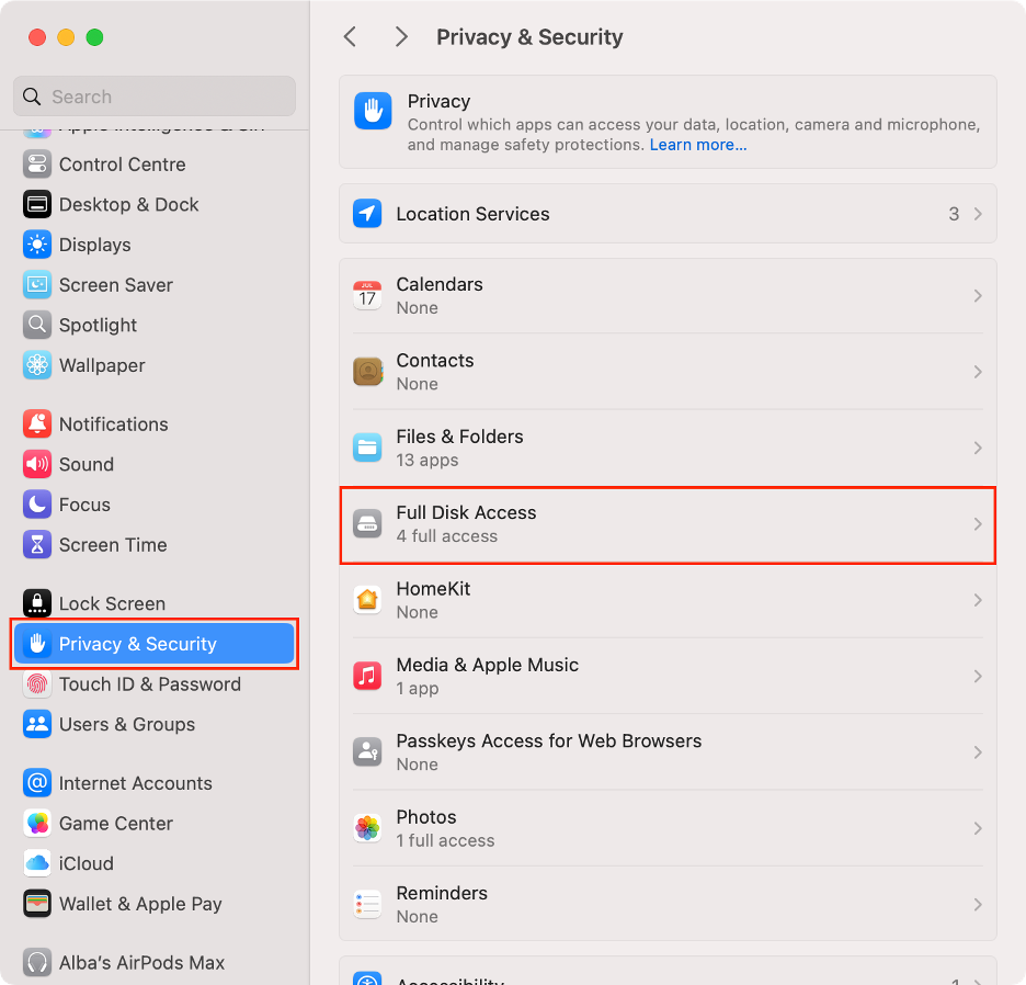 To enable full disk access on your MacBook, click Full Disk Access from Privacy & Security