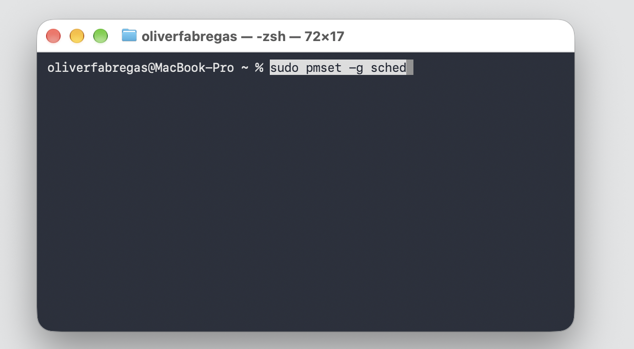 Terminal on an Apple computer with the pmset -g sched command typed to check any active scheduled shutdown timer currently set on the Mac.