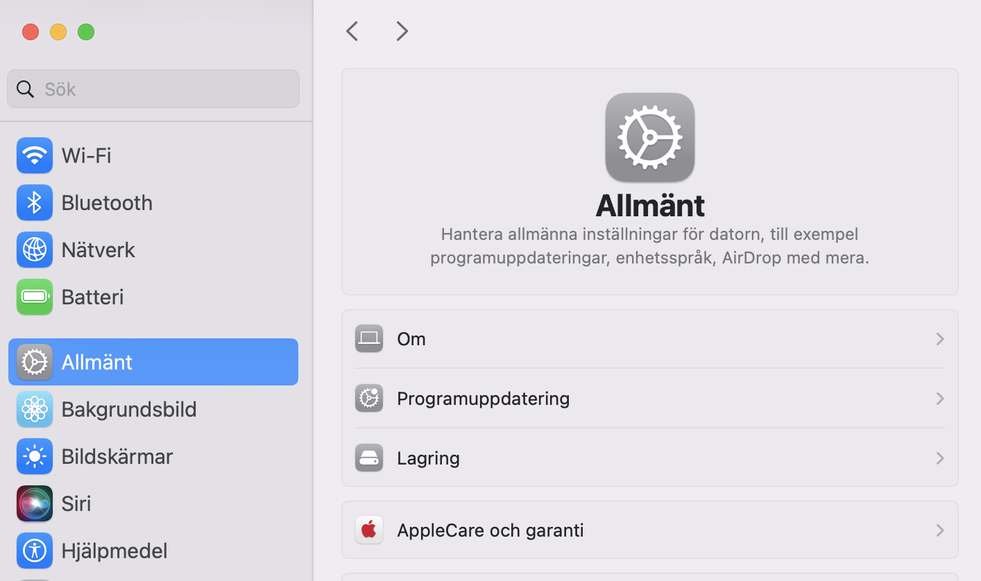 Du kan enkelt kontrollera om din macOS-programvara är föråldrad genom att öppna Systeminställningar och klicka på Allmänt för att hitta fliken Programuppdatering.