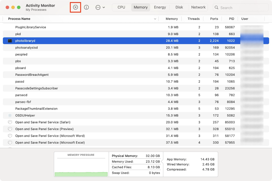 To remove offending items, select photolibraryd and hit the i button.
