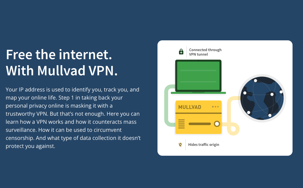 Mullvad VPN graphic on an Apple computer, illustrating a VPN tunnel that hides traffic origin and masks your IP for private browsing on a Mac.