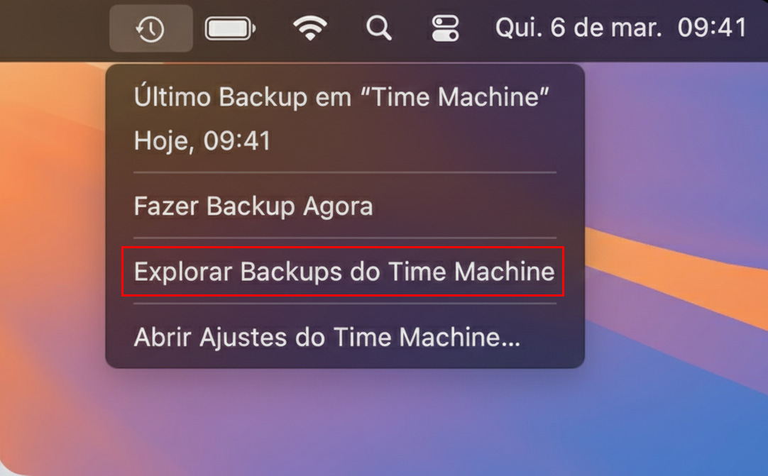 Você pode acessar seus backups do Time Machine pela barra de menu do seu Mac. Restaurar a partir de um backup pode ajudar caso você tenha um vírus.