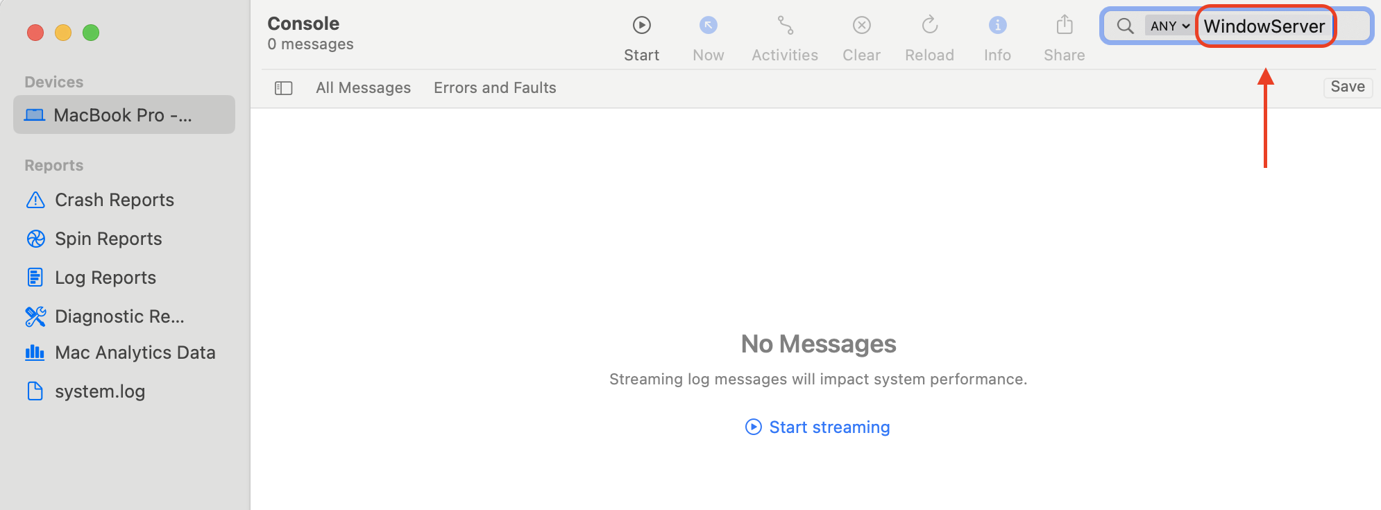 In Console.app, type WindowServer into the search bar to filter logs and identify related errors, warnings, or crash reports.