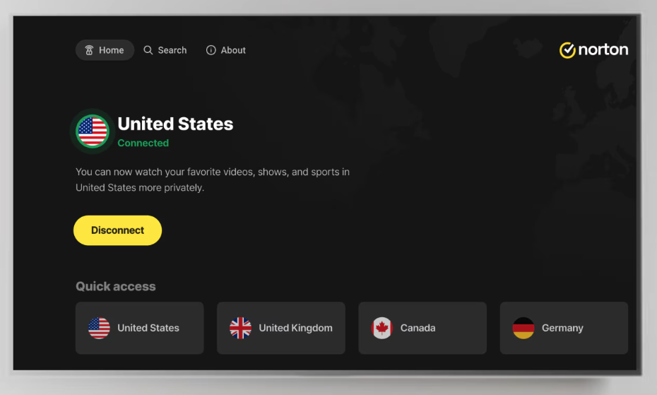 Norton Ultra VPN app on an Apple laptop, connected to a United States server with Quick access country tiles and a Disconnect button shown