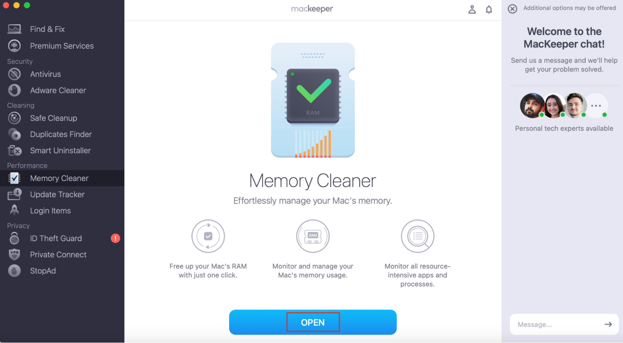 To check your Mac's CPU usage, run MacKeeper and select Memory Cleaner, click Open.