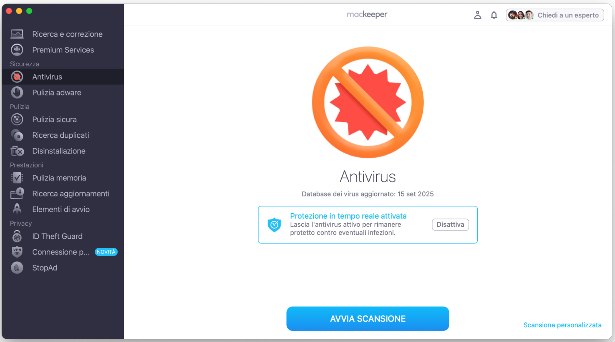 Per rilevare virus sul tuo Mac, avvia MacKeeper, seleziona Antivirus dal menu a sinistra e fai clic su Avvia scansione.
