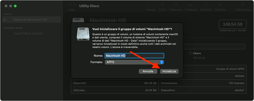 Utility Disco su Mac mostra la finestra Inizializza. Seleziona le opzioni desiderate, poi fai clic sul pulsante Inizializza per continuare.