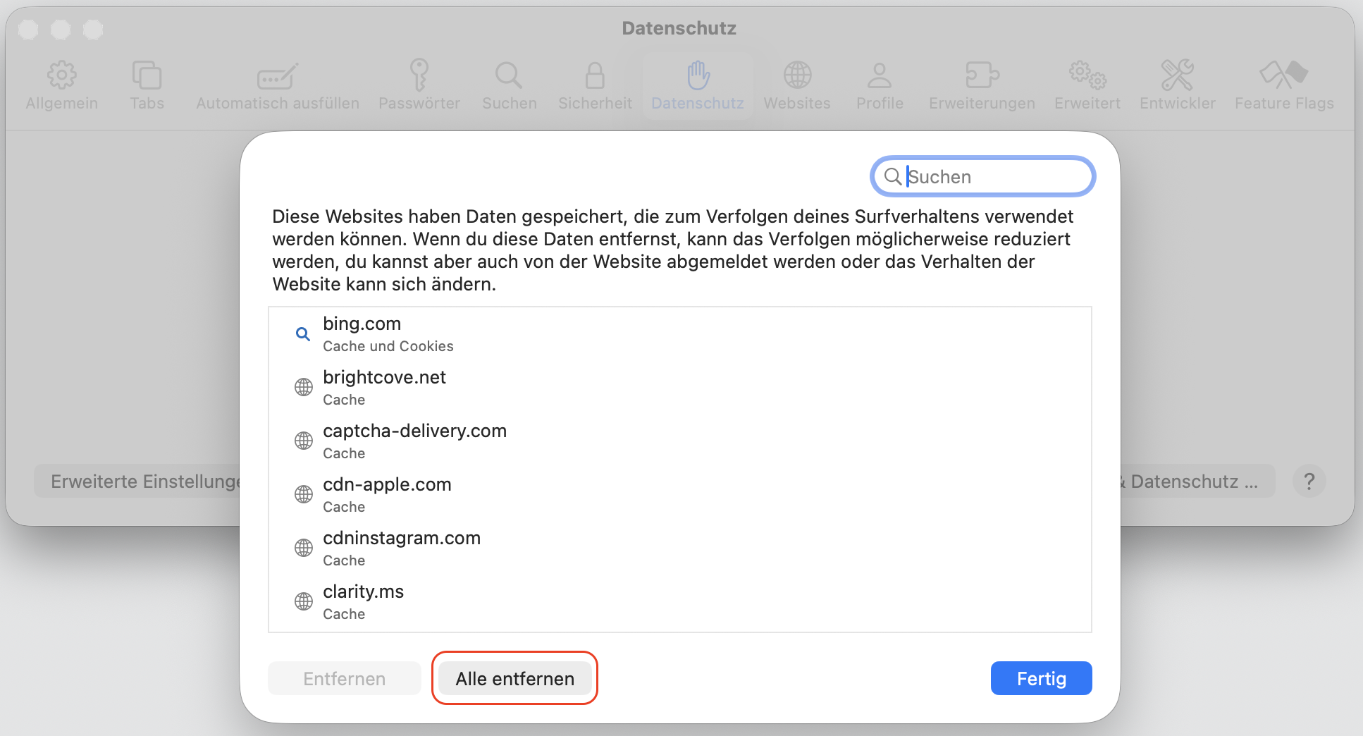 Dialogfeld Websitedaten verwalten in Safari. Die Option Alle entfernen ist hervorgehoben. So setzen Sie Safari zurück, als Teil einer Anleitung, wie man gefälschte McAfee-Pop-ups auf dem Mac blockieren kann.