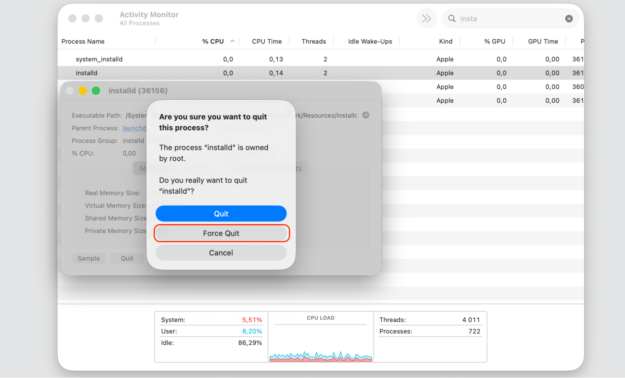 Activity Monitor confirmation dialog on a MacBook with the Force Quit button, ending the installd process on an Apple device.