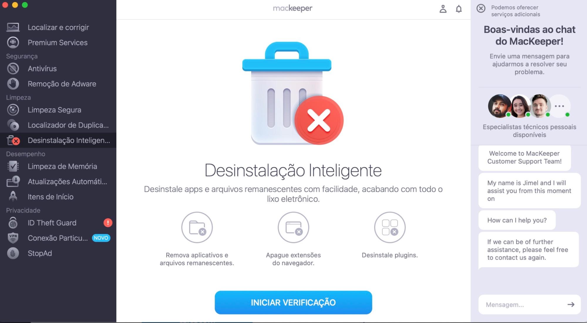 Se você quiser excluir arquivos da categoria Outros automaticamente, recomendamos o aplicativo MacKeeper. Tudo o que você precisa fazer, após baixar e instalar o app, é selecionar a função Desinstalação Inteligente e clicar em Iniciar Verificação.
