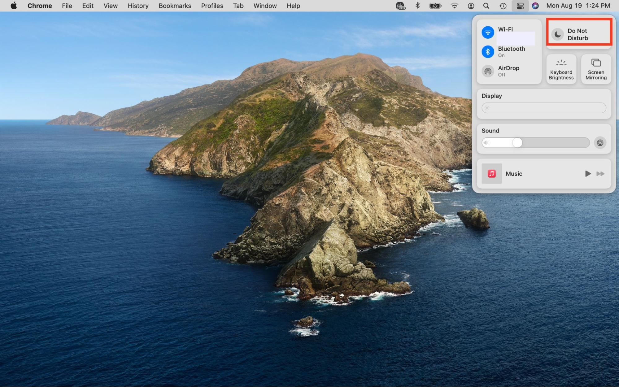 The Control Center menu options are displayed on a Mac screen. Select Do Not Disturb to schedule automatic DND mode on Mac.