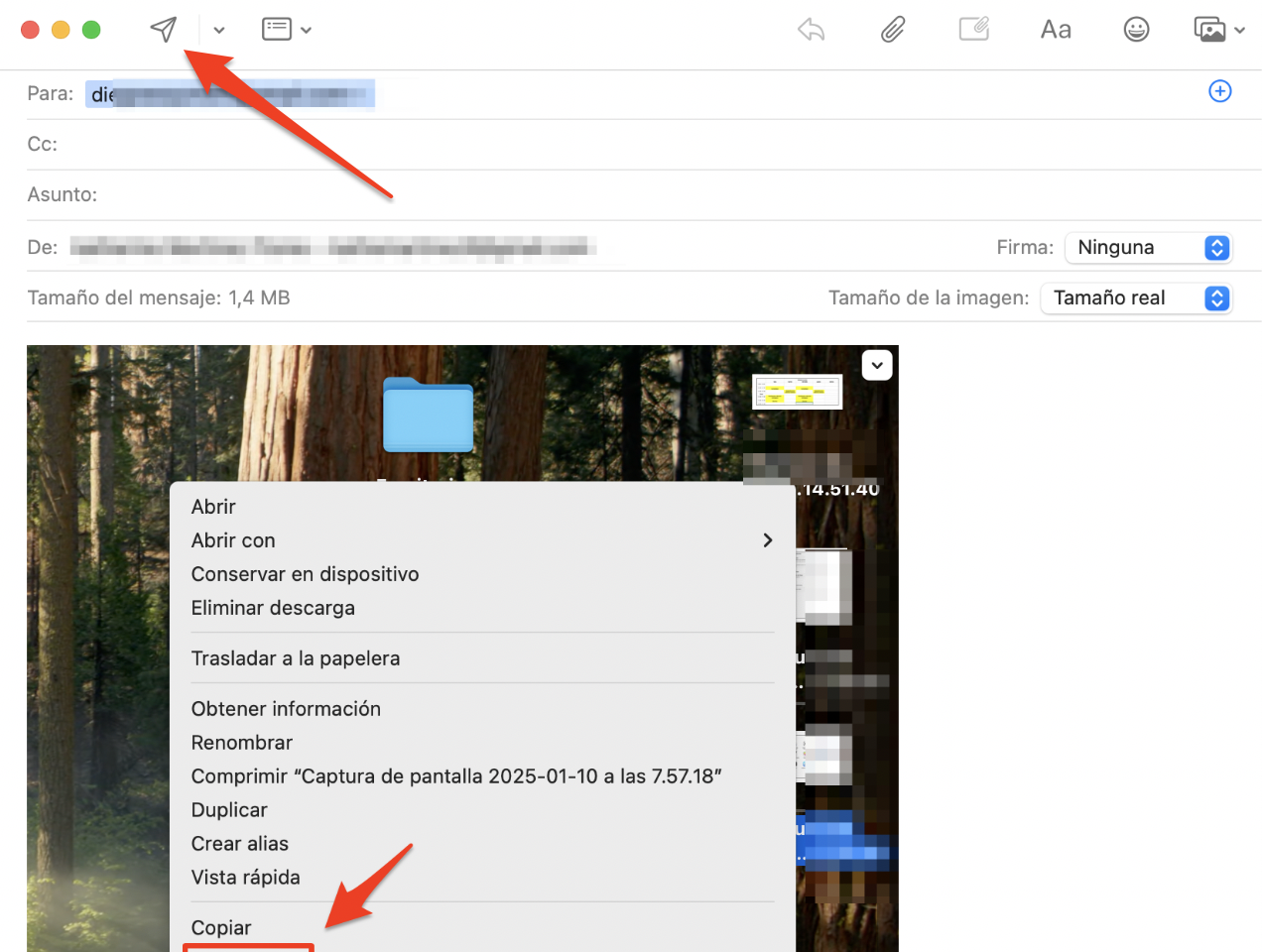 Mail en Mac muestra una nueva ventana de redacción con un archivo adjunto. Introduce tu dirección de correo electrónico y haz clic en Enviar para pasar datos de Mac a Mac por correo electrónico. Mail en Mac muestra una nueva ventana de redacción con un archivo adjunto. Introduce tu dirección de correo electrónico y haz clic en Enviar para pasar datos de Mac a Mac por correo electrónico.