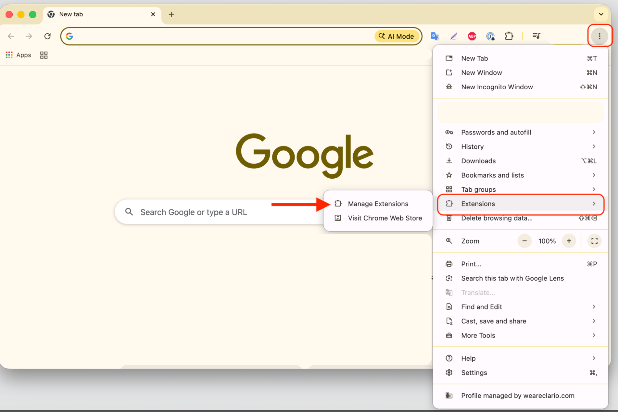 Google Chrome three-dot menu open on a MacBook with Extensions and Manage Extensions selected to remove Chromium add-ons on macOS.