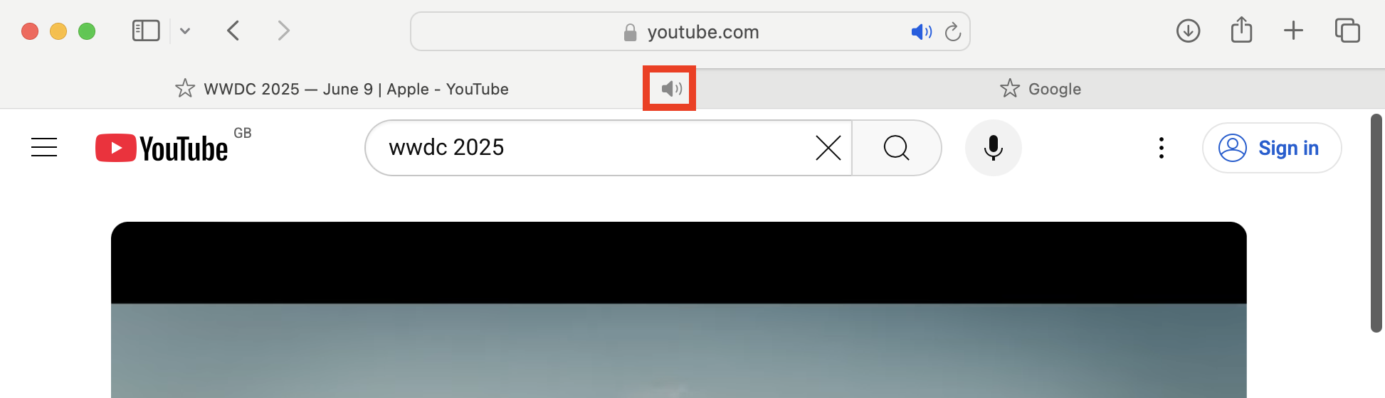 The mute button, which looks like a speaker, in a Safari tab on Mac. Click this to mute an active tab.