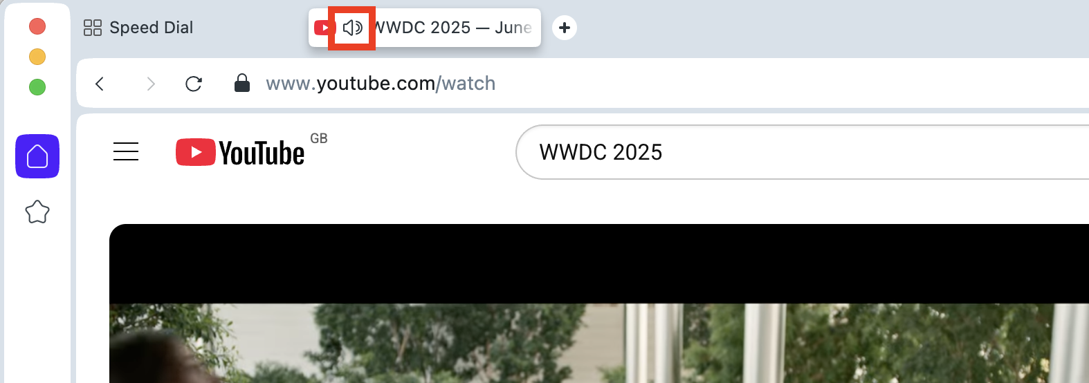 The mute tab button, which looks like a speaker, in Opera on Mac. Click this to immediately silence a tab in the Opera browser on Mac.