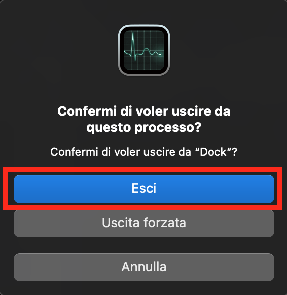 Un prompt di conferma per terminare un processo in esecuzione in Monitoraggio Attività. Puoi uscire da un processo che sta causando il surriscaldamento del Mac usando questo metodo: basta fare clic su Esci.