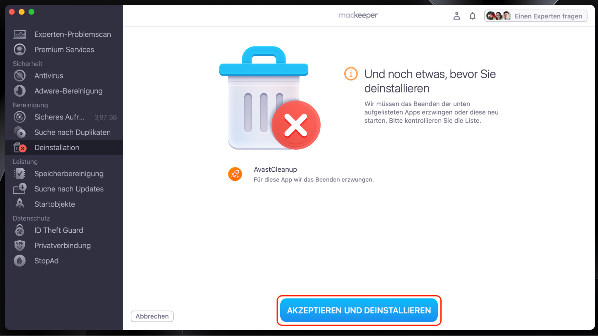 MacKeeper auf dem Mac zeigt das intelligente Deinstallationsprogramm an. Klicken Sie auf Akzeptieren und Deinstallieren, um fortzufahren. MacKeeper auf dem Mac zeigt das intelligente Deinstallationsprogramm an. Klicken Sie auf Akzeptieren und Deinstallieren, um fortzufahren.
