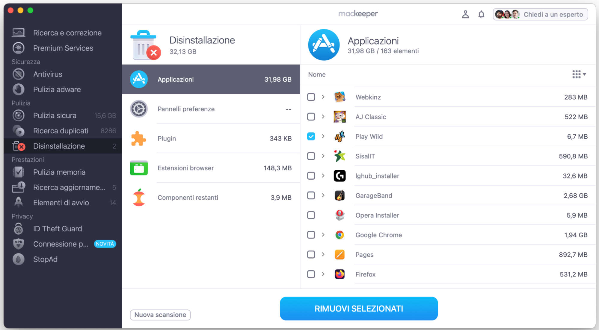 L’app ti mostrerà app e file da eliminare. Clicca su Rimuovi selezionati per eliminare file su Mac in tutta sicurezza.