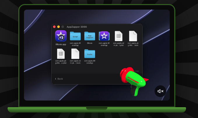 AppZapper 3000 window on a MacBook, displaying iMovie app files gathered for drag-and-drop removal with its signature zap ray-gun icon.