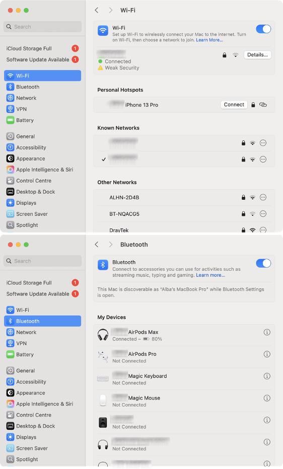 To check Wi-Fi and Bluetooth connections on your Mac and ensure a smooth Continuity Camera experience, go to System Settings, tap Wi-Fi/Bluetooth, and make sure the toggle is on.