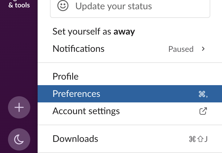 Click your Slack profile picture in the sidebar, select Preferences, then click Notifications to open the main alert options pane.