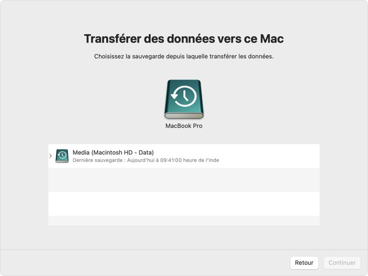 Consultez la liste qui s’affiche et choisissez la sauvegarde Time Machine à partir de laquelle vous voulez restaurer votre Mac. Cliquez sur « Continuer ». Consultez la liste qui s’affiche et choisissez la sauvegarde Time Machine à partir de laquelle vous voulez restaurer votre Mac. Cliquez sur « Continuer ».