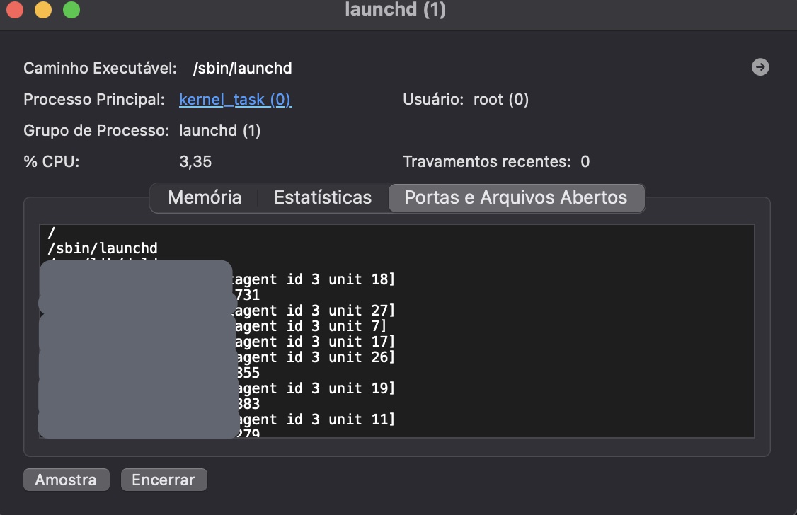 Agora, clique na aba Arquivos e Processos Abertos para ver um relatório de todos os arquivos e processos em execução no seu computador Apple