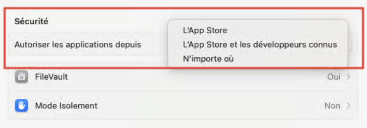 L'option N'importe où devrait être cochée dans « Autoriser les applications depuis ».