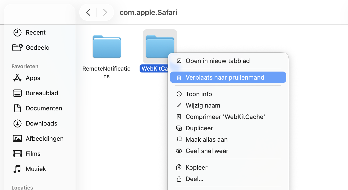 Zoek je Safari-mappen en klik er met de rechtermuisknop op. Selecteer vervolgens Verplaats naar prullenmand om alle sporen van Safari-cachebestanden van je Mac te verwijderen.