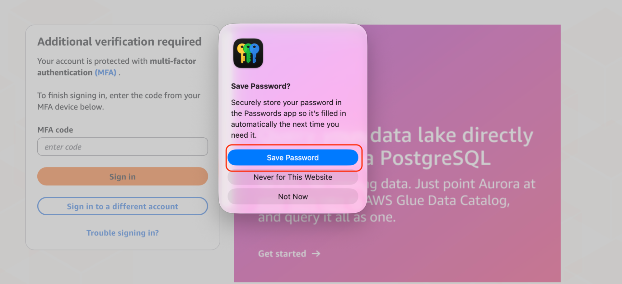 A Safari save-password prompt on a MacBook, selecting Save Password so iCloud Keychain stores the new login on your Apple device.