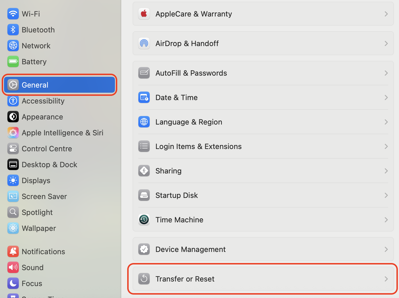 Open System Settings > General > Transfer or Reset, then select Erase All Content & Settings to fully wipe your Mac and prepare it for setup.