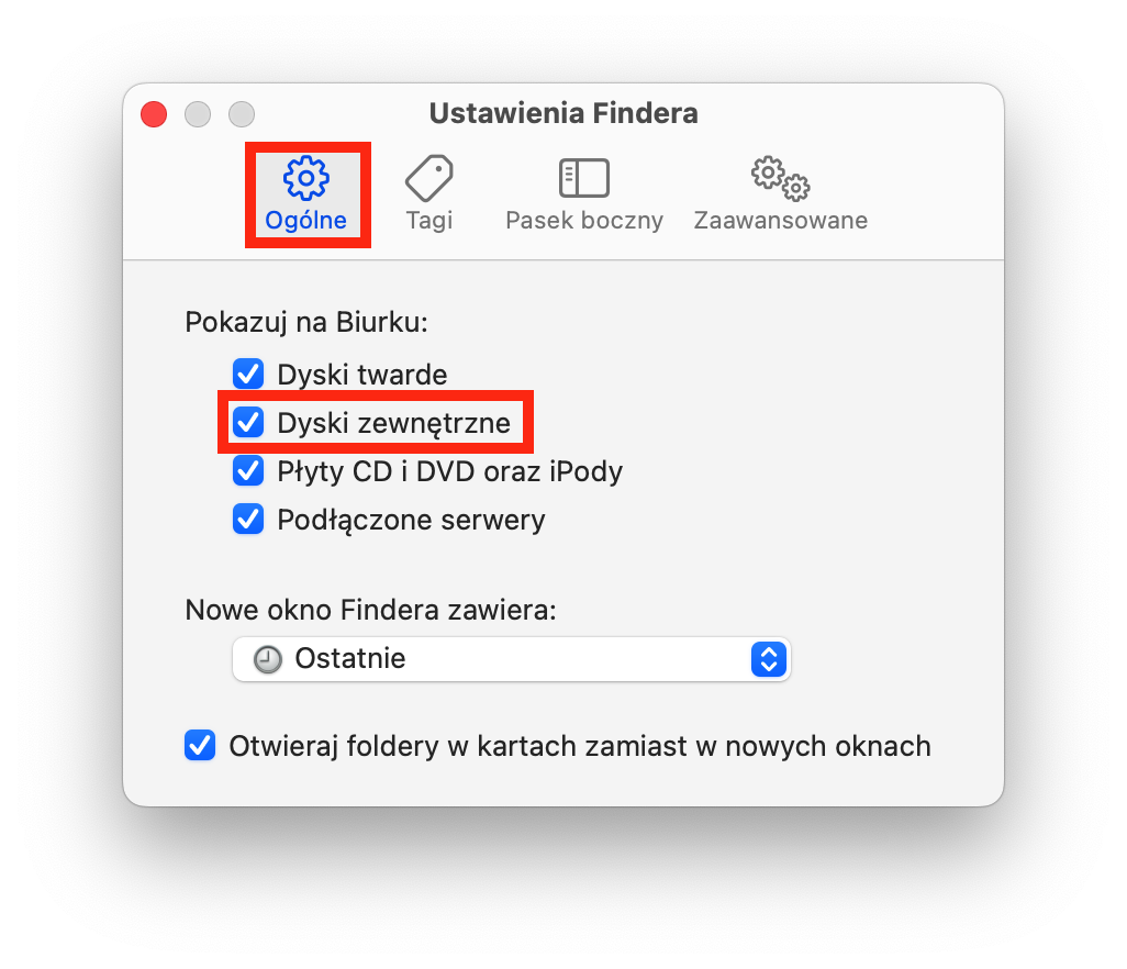 Okno Preferencji Findera jest otwarte na Macu. Wybierz Ogólne i włącz ustawienie Dyski zewnętrzne, aby znaleźć zewnętrzny dysk twardy na Macu.