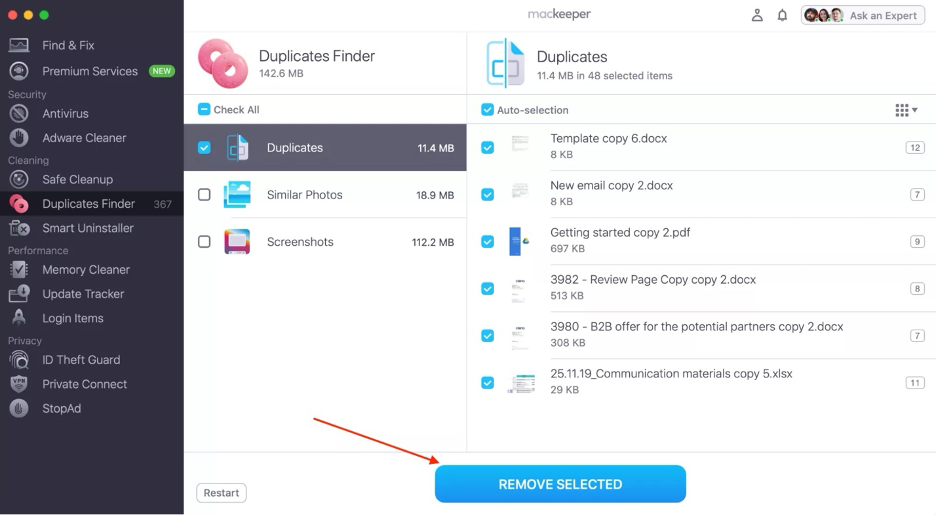 To view duplicated files and screenshots, select the Duplicates folder, choose the files to remove, and click Remove Selected.