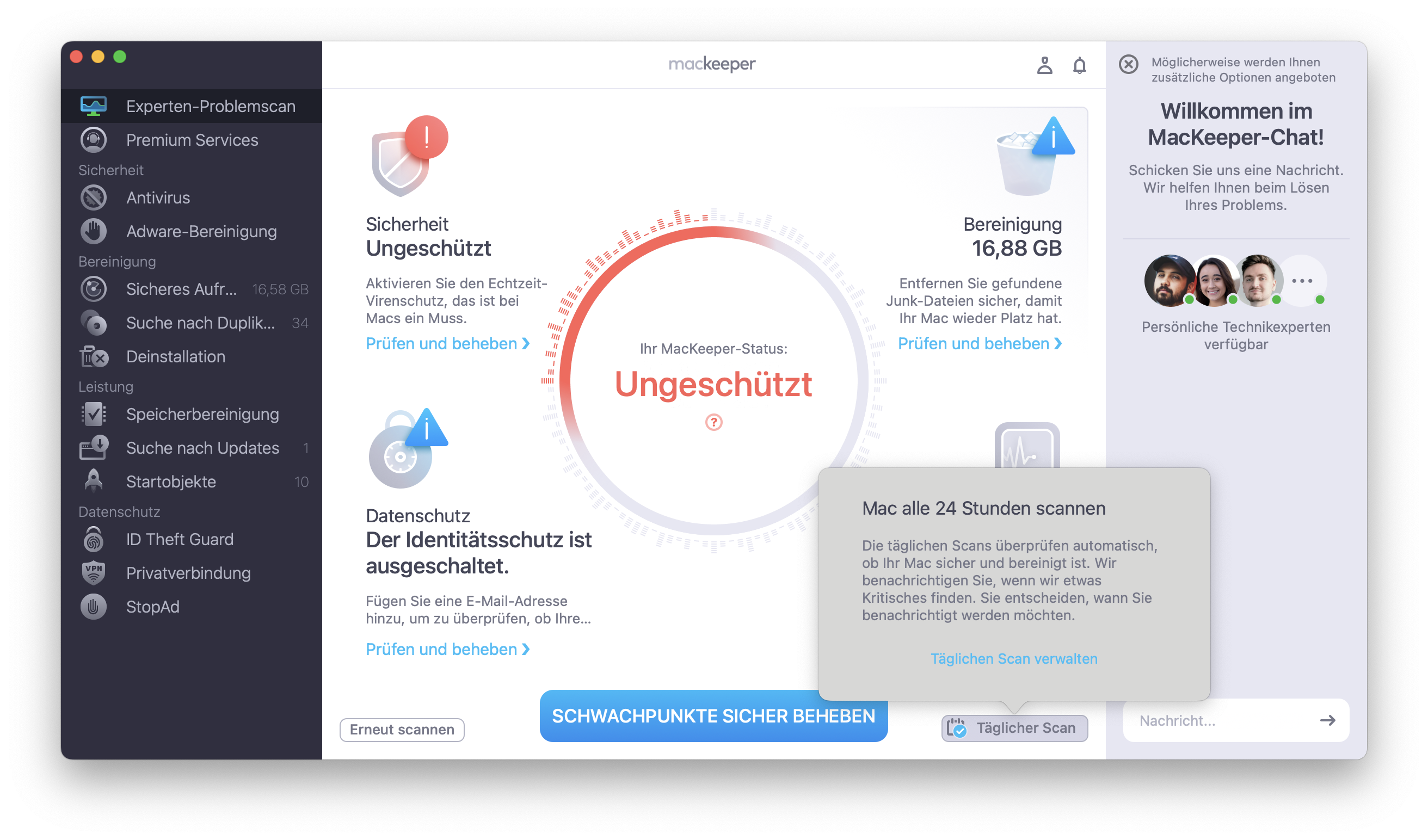 Um die Leistungsfähigkeit Ihres Macs aufrechtzuerhalten, klicken Sie auf Täglicher Scan, um Ihren Mac alle 24 Stunden auf potenzielle Probleme zu überprüfen.