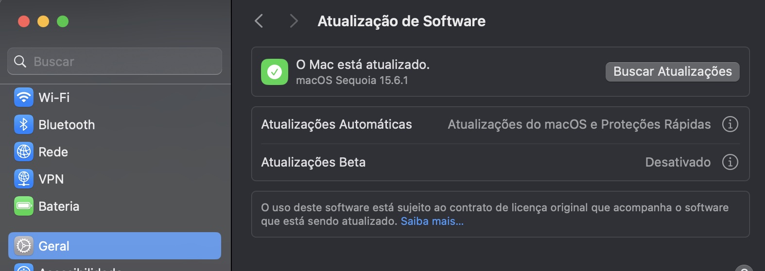 Se houver atualizações disponíveis, você as verá na seção Atualização de Software. Clique em Atualizar Agora e siga as instruções.