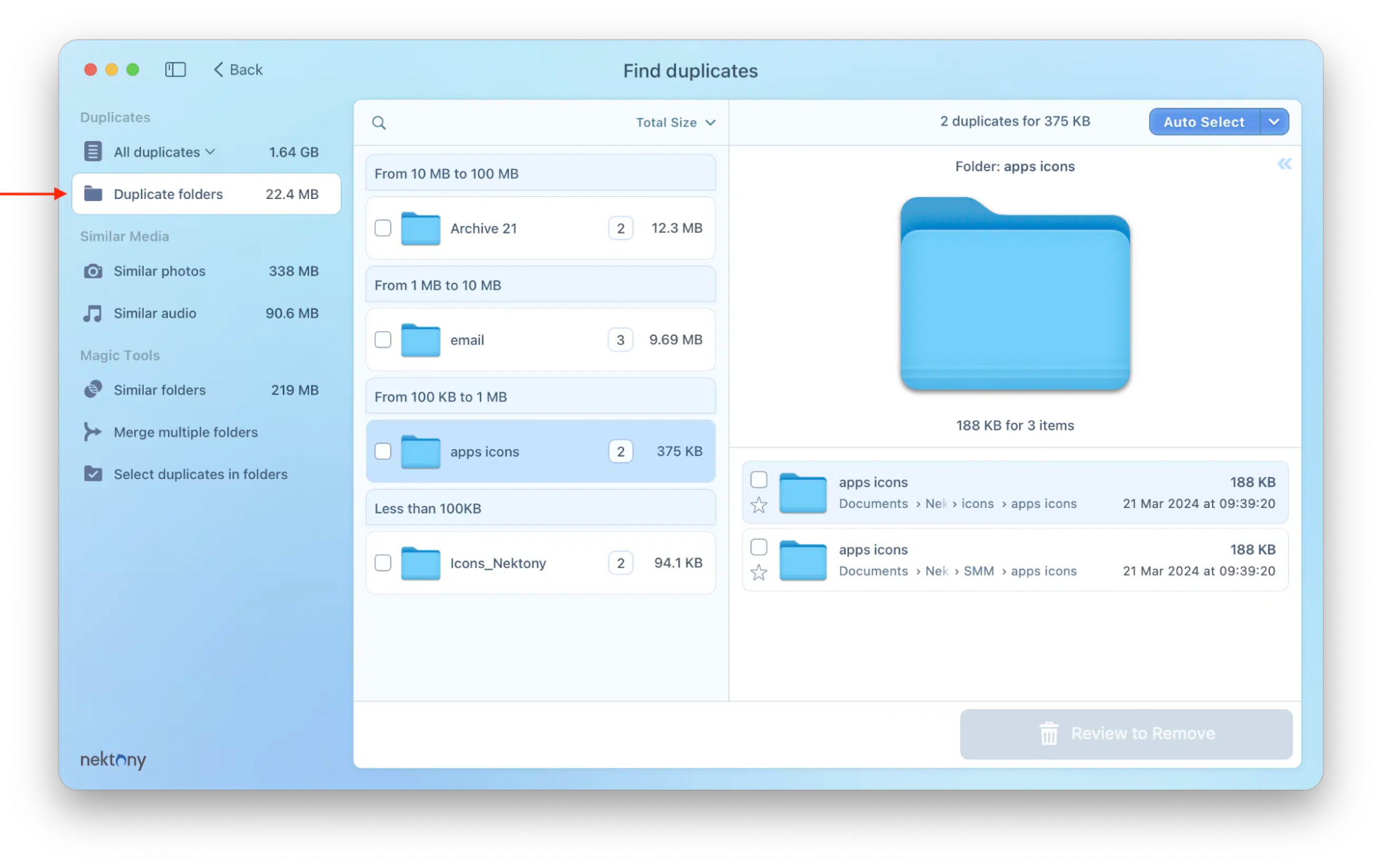In Nektony, select Duplicate folders from the sidebar to identify entire directories that contain identical content for bulk cleanup.