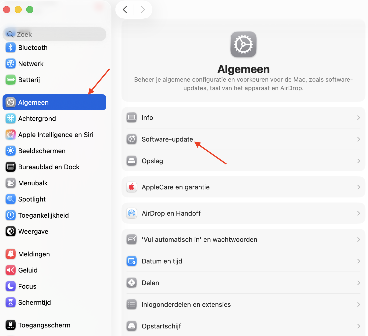 De app Systeeminstellingen op de Mac toont het onderdeel Algemeen. Klik op Software-update om te controleren of er een update voor je Mac beschikbaar is.