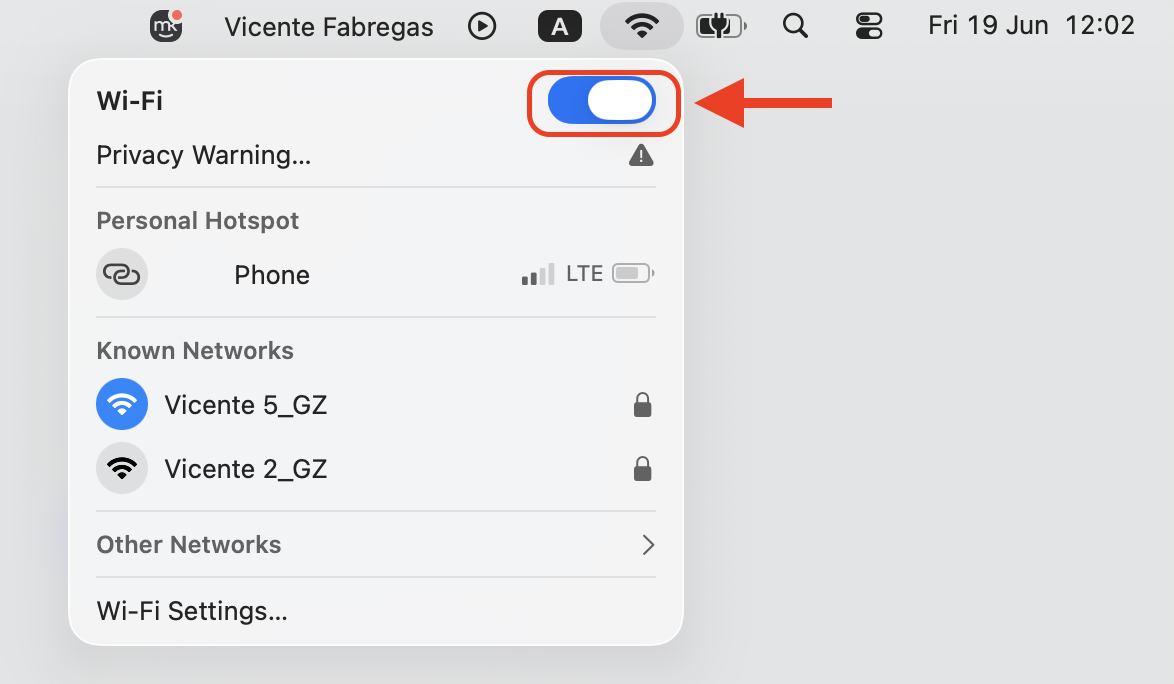 Click the Wi-Fi icon in the macOS menu bar of your MacBook, then toggle Wi-Fi off and back on to refresh the connection.